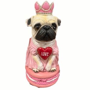 Adorable Bella Lux Pug Dog with Heart & Tiara on Macaroon Valentines Day  Decor